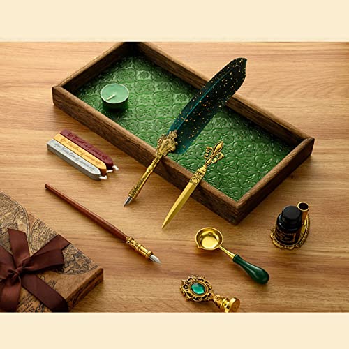 Joyeee Antique Feather Pen Set, with Craft Decoration Pen, Wood Dip Pen, Metal Spoon, Wax Seal Sticks, Ink, Candle, Pen Nibs, Pen Nib Holder, Wax Seal Kit for Wedding Invitation Card #88 - color: #88 Green