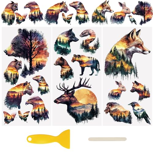 WANDIC 3 Sheets Transfer Stickers for Furniture,3D UV DTF Rub on Transfer Stickers for Craft Forest Animals Cup Warp Waterproof Scrapbook Decals Decorative for Cards Glass Wood DIY Crafts,15 * 30cm - color: Animal Forest
