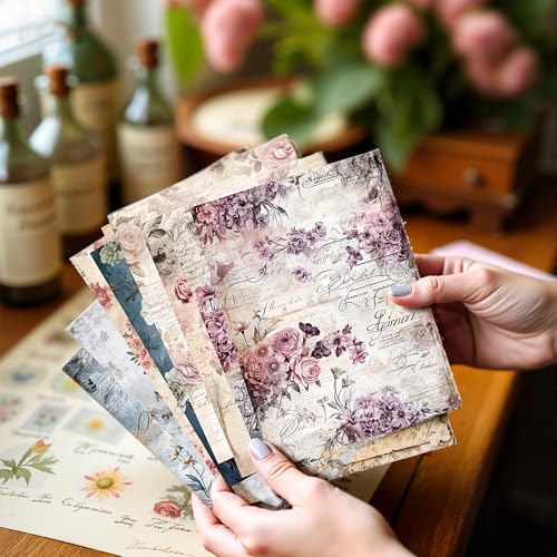 160 Sheets Vintage Flower Scrapbook Paper, Junk Journal Supplies, Purple Pink Flowers with Cursive Script No Repeating Perfect for Junk Journal DIY Cards Craft Albums Scrapbooking Supplies (Purple) - color: Purple