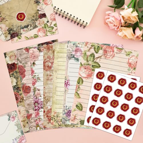 160 Packs Stationery Paper and Envelopes Set 10 Different Designs, 50 One Sided Stationery Writing Papers with 50 Matching Envelopes and 60 Round Dot Sticker, 5.5 x 8.25 Inch (VintageFlower) - style: VintageFlower