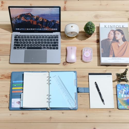 WASON A5 Binder PU Leather Journal Ring Portfolio Lined Notebook Refillable Paper Diary with Removable Clipboard Writing Notepad for Travel Business School Agenda Organizer (Mist Blue) - color: Mist Blue