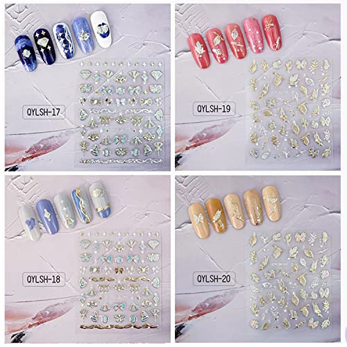 20 Sheet 5D Embossed Nail Art Stickers,Luxury Gold Silver Nail Decals Self-Adhesive Metallic Leaves Flower Butterfly French Nail Stripe Line Stickers for Women Salon Home DIY Nail Supplies - color: 20 Sheets Gold Silver Nail Stickers