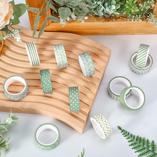 Whaline 12 Rolls Sage Green Floral Washi Tape Masking Tape Set Flower Leaves Plaid Striped Decorative Wrapping Paper Tapes Boxed for Wedding Scrapbook Journal DIY Crafts - style: Sage Green