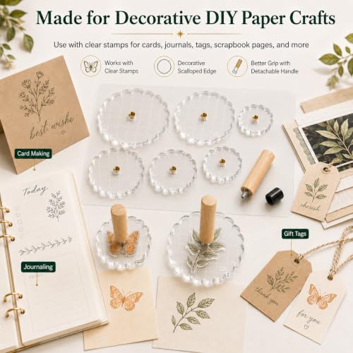 Clear Acrylic Stamp Block Set with Detachable Wooden Handle, 6 Scalloped Edge Acrylic Stamping Blocks with 1/2in Grid, Silicone Mat & Storage Case for Card Making, Scrapbooking, Journaling