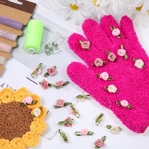 100 PCS 15mm Multicoloured Mini Rose Flowers, Satin Ribbon Bows Appliques, Mini Roses for Crafts, DIY Sewing Craft Accessories, Wedding Bride Gift Decoration, Fabric Ribbons