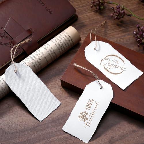 Feifeiya 50 Pack Handmade Vintage Deckle Edge Tag with String White | 3.75 x 1.75 In Blank Hang Gift Tags 160 Gsm Cotton Paper Name Card Labels for Thanksgiving Christmas DIY Arts Crafts - color: White