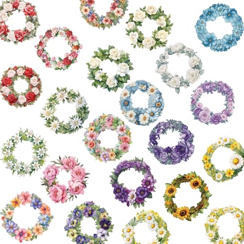 48 Pcs Vintage Floral Wreath Stickers, Cardstock Flower Frame Decals | Die-Cut Cardstock Material, Circular Garland Flower Frames, Aesthetic Ephemera for Scrapbooking, Junk Journal, Card Making - color: Garland Series
