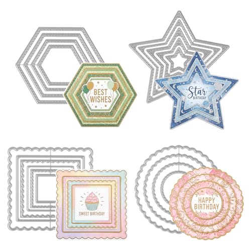 4 Sets Metal Cutting Dies, Assorted Shapes Carbon Steel Embossing Dies, DIY Etched Dies for Scrapbooking Card Making Paper Crafts, Geometric Stitched Nesting Dies
