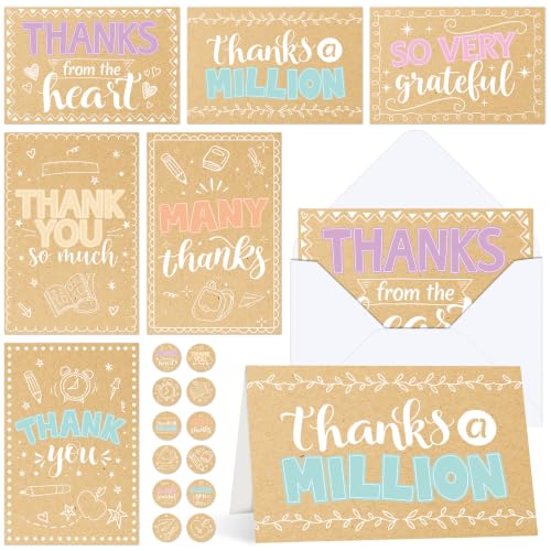 48 Pack Rustic Thank You Cards With Envelopes Cute Kraft Thank You Cards Bulk Fun Rustic Greeting Gift Kraft Blank Note Card Set with Sticker for Back to School Birthday Baby Shower Supplies 4x6inch