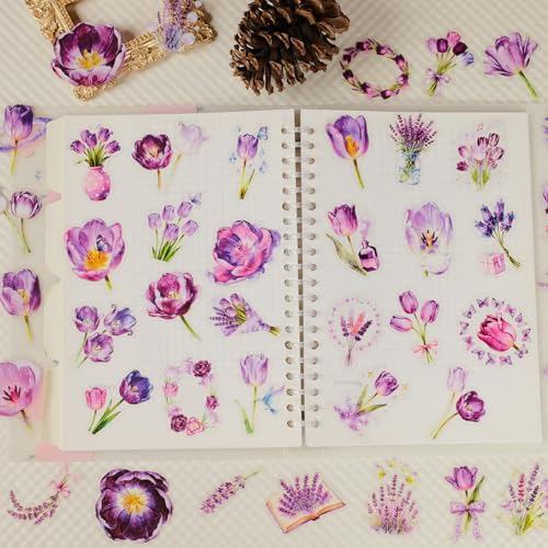56Pcs Natural Flower PET Stickers Set | Transparent floral decals with lavender and tulip designs for scrapbooking, journals,laptops and personal decor. - style: Purple Tulip Floral