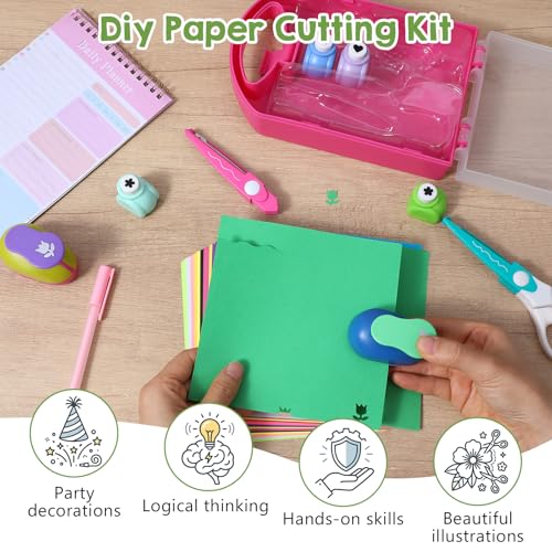 10-Piece Craft Scissors and Hole Punch Set, Craft Scissors Kit with 6-Shape Hole Punch Set, 1-Scissor, 1-Replacement Head, 1-Pen, 100-Cardstock Sheets, DIY Paper Crafts