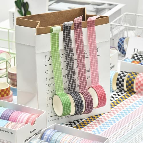 12 Rolls Grid Washi Tape Set Plaid Arts Adhesive Tapes Basic Patterns Decorative Masking Tape Sets for Craft, Kids, Scrapbook, DIY, Gift Wrapping (Style One) - color: Style One