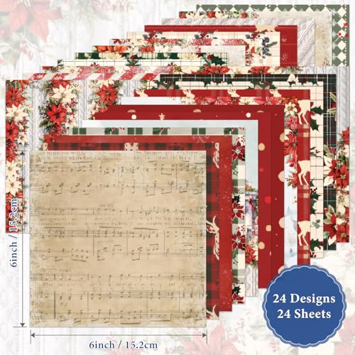 Christmas Scrapbook Paper - 24 Sheets Scrapbooking Supplies, Single-Sided Patterned Paper for Card Making, Designer Planner Journals, Background Borders, Greeting Cards 6"x 6" - color: Merry