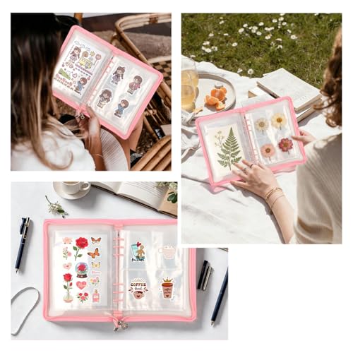 Sticker Organizer Binder with Clear Pockets & Zipper, Reusable A5 Stickers Collecting Book Album Holder with 10 Release Papers for Planner, Journaling, Sticker Collection (pink) - color: Pink