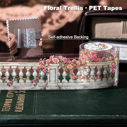Floral Trellis PET Tape Set - 6 Rolls of Seamless Vintage Balcony & Vine Designs with 1 Metal Clip, Self-Adhesive Waterproof Decorative Tapes for Scrapbook Journal and DIY Décor - style: Flowering Vines