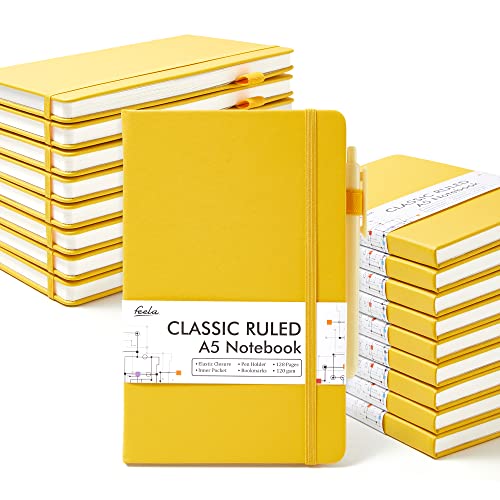 feela 18 Pack Journal Notebook for Work, Business Notebook Bulk Hardcover Lined Writing Journal with Pen Holder for Men Women Note Taking, with 18 Black Pens, 120 GSM, 5.1”x8.3”, A5, Yellow - color: 18 Yellow