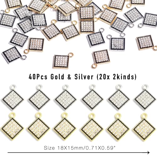 stino 40/50 Pieces Rhinestone Charms, Turtle Heart Bow Cross & Rhombus Jewelry Making Supplies, Silver & Gold Plated Crystal Pendants - style: Rhombus (40PCs)