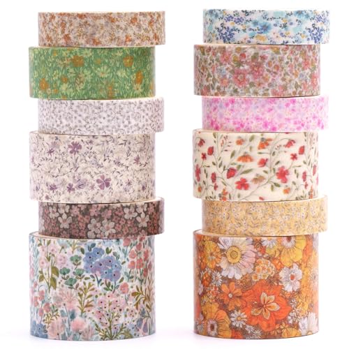 12 Rolls Flowers Washi Tape Set Floral Arts Adhesive Tapes Blooming Garden Decorative Masking Tape Sets for Craft, Kids, Scrapbook, DIY, Gift Wrapping (Evening Song) - color: Evening Song
