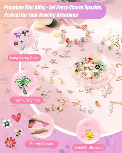 FIVEIZERO 216PCS Charms for Jewelry Making, Enamel Blacelet Charms Kit - color: Pink