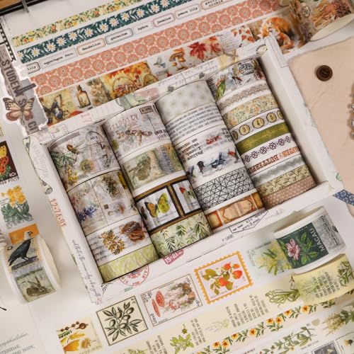 Vintage Washi Tape Set - 24 Rolls Arts Adhesive Tapes Assorted Retro Decorative Masking Tape Sets for Craft, Kids, Scrapbook, DIY, Gift Wrapping (4-Nature Journal) - color: 4-Nature Journal