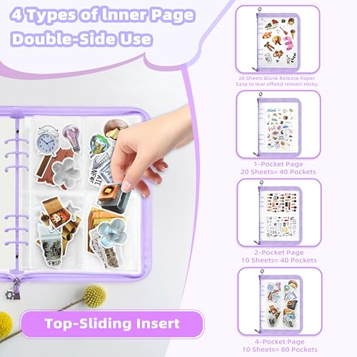 Mlife Sticker Organizer Binder Sticker Storage Organizer Reusable Sticker Book Collecting Album A5 Sticker Collecting Book Clear Sticker Binder Album with Blank Release Paper,Tweezer, Spatula (Purple) - color: Purple