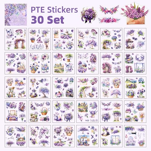Purple Garden Scene Theme Sticker Scrapbooking Supplies for Junk Journal, 30 Sheets PET Stickers - Vintage Journaling Stickers, Ephemera Sticker Book Pre Cut(TZ-005-003) - color: Purple Rhyme