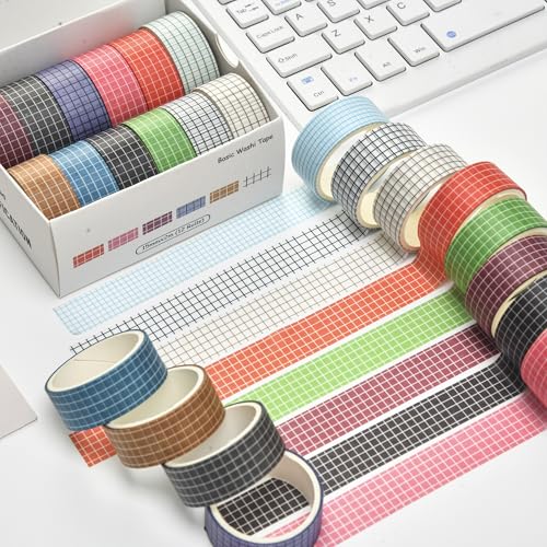 12 Rolls Grid Washi Tape Set Plaid Arts Adhesive Tapes Basic Patterns Decorative Masking Tape Sets for Craft, Kids, Scrapbook, DIY, Gift Wrapping (Style One) - color: Style One