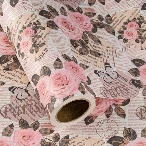 WRAPAHOLIC Kraft Vintage Floral Wrapping Paper Roll - Mini Roll - 17 Inch x 16.5 Feet - Retro Paris Rose Butterfly Newspaper Wrapping Paper for Birthday, Wedding, Anniversary, Bridal Shower - color: Kraft Newspaper - Paris & Floral