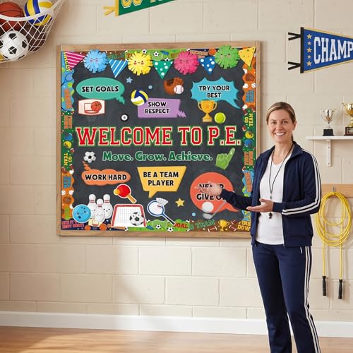 Sports Bulletin Board Decorations PE Physical Classroom Decor | PE Physical Education Classroom Decor, Positive Paper Cutouts Bulletin Board Decor, School Office Wall Decor Supplies - color: Sports Pe