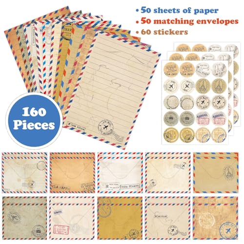 160 Pcs Stationery Paper Envelopes Set | Includes 50 Writing Paper & 50 Envelopes & 60 Stickers, Travel Letter Writing Stationery Paper Envelopes(10Style) - color: Vintage Travel
