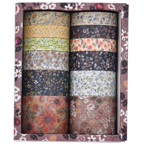 12 Rolls Flowers Washi Tape Set Floral Arts Adhesive Tapes Blooming Garden Decorative Masking Tape Sets for Craft, Kids, Scrapbook, DIY, Gift Wrapping (Earth Dye) - color: Earth Dye