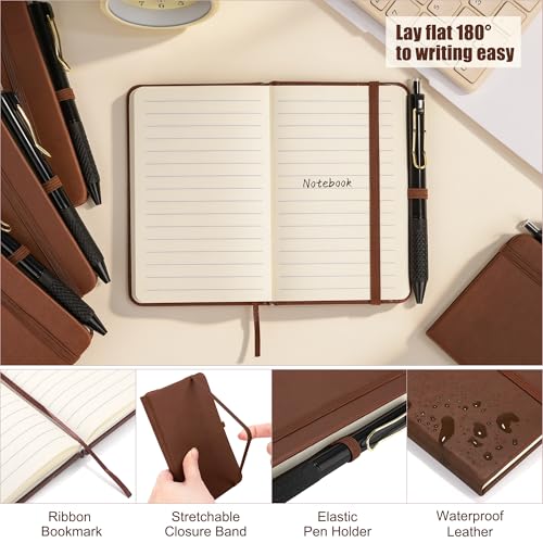 Aodaer 50 Sets Pocket Notebook Journal with Pens, 160 Pages, 3.5 x 5.5 Inch Mini Lined Journal Notebook A6 Leather Hardcover College Ruled Notepad with Pen Holder for School Office Gifts, Brown - color: Dark Brown