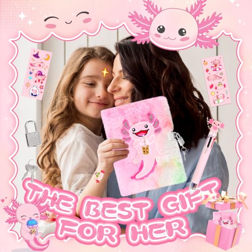 Axolotl Diary with Lock, Plush Journal for Girls Ages 6-8 - style: Axolotl NEW