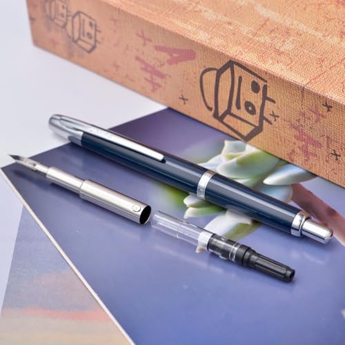 Jinhao 20 Press Fountain Pen, Dark Blue Retractable Medium Nib with Ink Converter Set (Silver Clip) - color: Dark Blue (Silver Clip), style: Medium