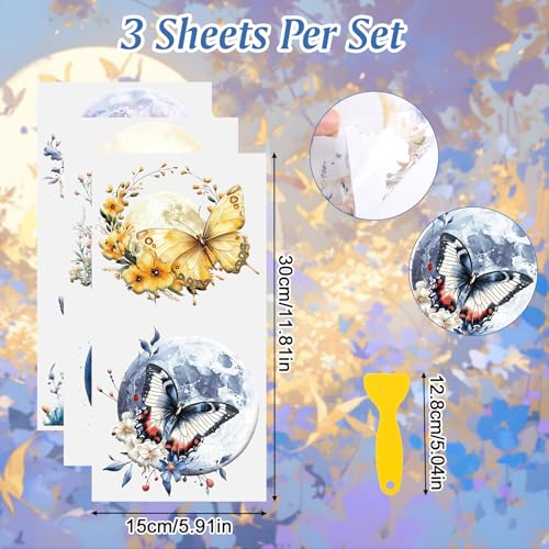 Rub on Transfers for Crafts, 6 Sheets Transfer Waterproof Butterfly and Moon Decals Stickers for Furniture Wood Fabric Cups Home DIY Decor - color: Moon Flower