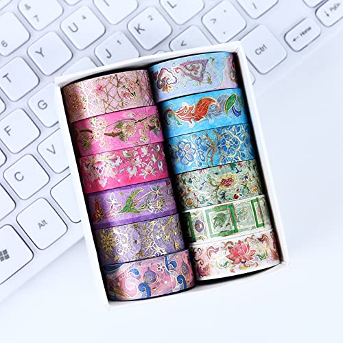 12 Rolls Floral Washi Tape Set, Gold Foil Flower Decorative Washi Masking Tape, Botanical Washi Tape for Scrapbooking, Journal, Planner, DIY Crafts, Gift Wrapping - color: Floral