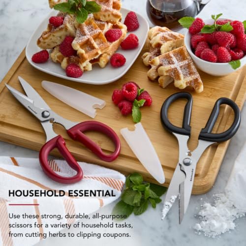 KitchenAid 2-Piece Multipurpose Shear Set – Versatile Scissors with Nutcracker, Bottle Opener, Ergonomic Handles with Protective Blade Covers - color: Red/Black, size: 2 Pack