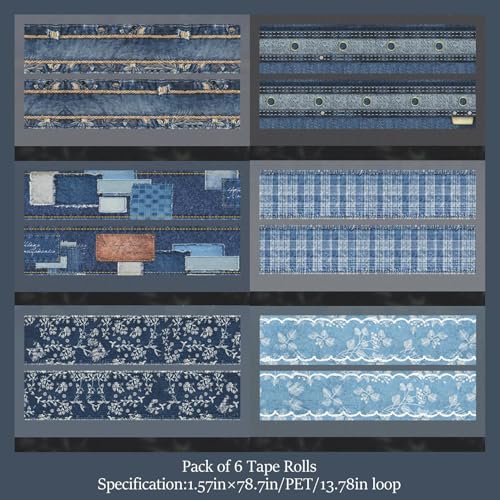 PET Washi Tape Stickers for Journaling Supplies,Denim Journal Tape Stickers | 6Rolls Decorative Denim Themed Journal Tape Stickers for Scrapbooking,Journaling, Junk Journal Supplies,Planner,Letters - color: Denim