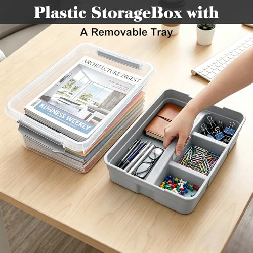 Yesland Portable Craft Storage Box with Removable Tray and Handle, 16x11x6.5 Inch Plastic Art Supply Organizer Container for Stationery, Sewing, Jewelry - Grey - size: 16 inches x 11 inches x 6.5 inches