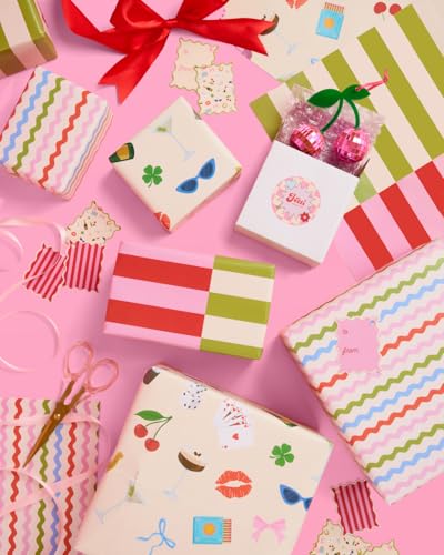 xo, Fetti Girlhood Trendy Wrapping Paper + Tag Set - 12 Sheets | Birthday Gift Wrap, Decorative Christmas Bag, Bachelorette Party Favor