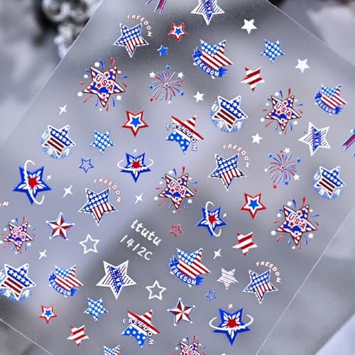 3 Pcs 4th of July Nail Stickers for Nail Art 3D Self Adhesive Independence Day Nail Art Stickers American Flag Star Fireworks Nail Decals Fourth of July Design Sticker Holiday Manicure Decor for Women - style: stars fireworks
