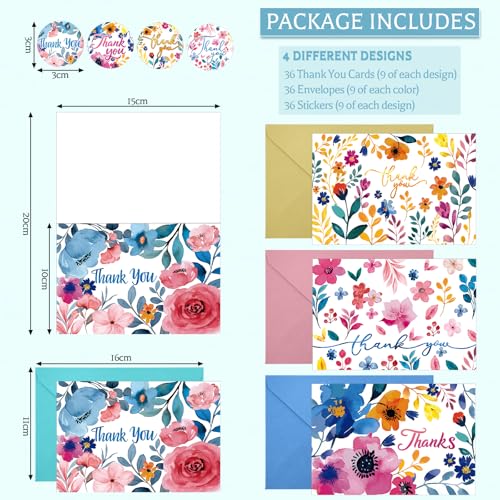 Thank You Cards with Envelopes, 36 Pack 4x6 Inch Thank You Cards Bulk - style: Watercolor Flowers