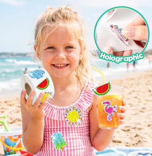 500Pcs Summer Stickers Roll for Kids Holographic Hawaiian Luau Tropical Beach Self-Adhesive Decals Seasonal Party Favors DIY Crafts Teacher Rewards Gifts for Water Bottles Scrapbooking Decoration - style: Summer