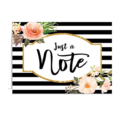 Canopy Street Black Stripe Floral And Faux Glitter Note Cards / 24 Just A Note Cards/All Occasion Greeting Cards / 3 1/2" x 4 7/8" Floral Cards - color: Just A Note