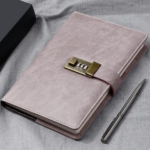 WEMATE Diary with Lock, A5 PU Leather Journal with Lock 240 Pages Pink | Vintage Lock Journal Password Notebook with Pen & Gift Box, Lock Diary Planner Organizer for Men and Women, 8.6x5.8in - color: Pink