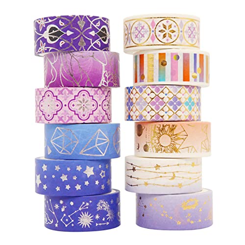 12 Rolls Galaxy Washi Tape Set Bronzing Starry Night Decorative Masking Tape for Scrapbooking, Journal, Planner, DIY Crafts, Gift Wrapping - color: Galaxy A