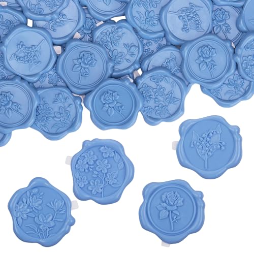 60 Pcs Wax Seal Stickers, Dusty Blue, 4 Flower Styles - color: 4 Flower Styles- Dusty Blue