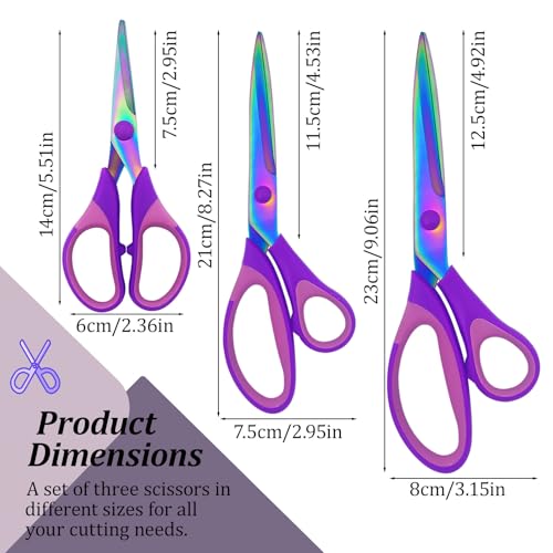 3-Pack Craft Scissors Set – Sharp Titanium-Coated Blades with Comfort Grip Handles, Multipurpose Shears for Fabric, Office, School & Home Use, Purple