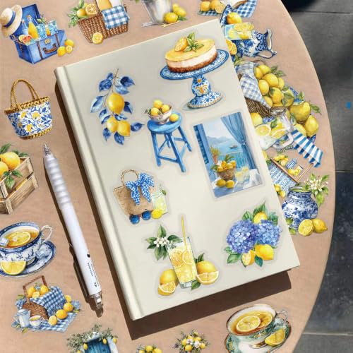 50PCS Italian Lemon Clear Stickers, Mediterranean Summer Aesthetic Decals | Waterproof Vintage Watercolor Lemon Scrapbook Stickers for Journals, Planners, Laptop, Water Bottle - color: Mediterranean Lemon