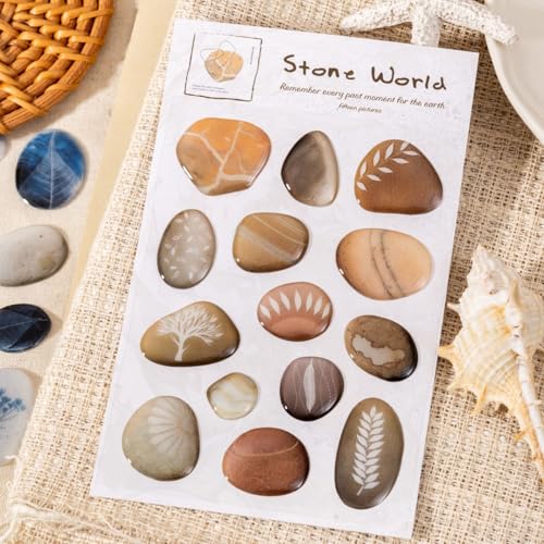 60 Pcs Aesthetic 3D Epoxy Pebble Stickers for Scrapbooking | Stone Ephemera with Glossy Crystal Finish, Nature-Inspired Decorative Resin Decals for Junk Journaling and DIY Art Crafts - color: Stone World